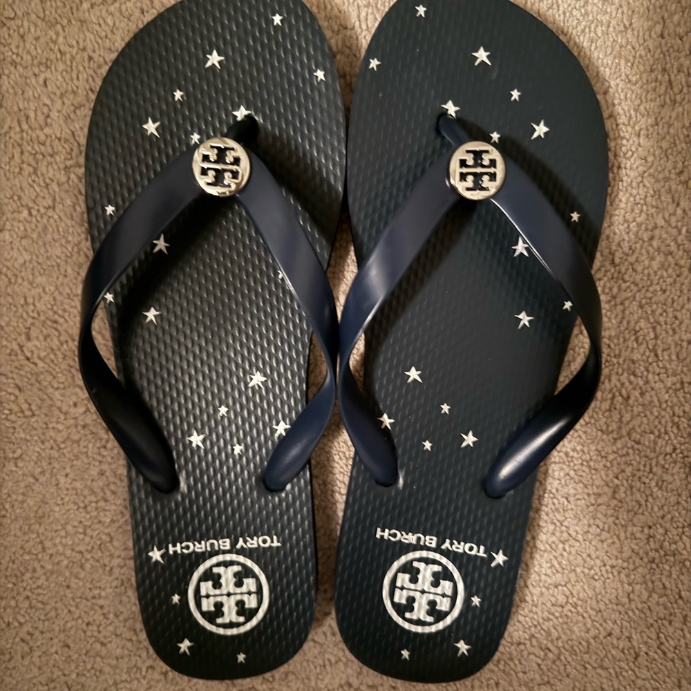 Tory Burch Dark Blue Flip Flops with Star Design